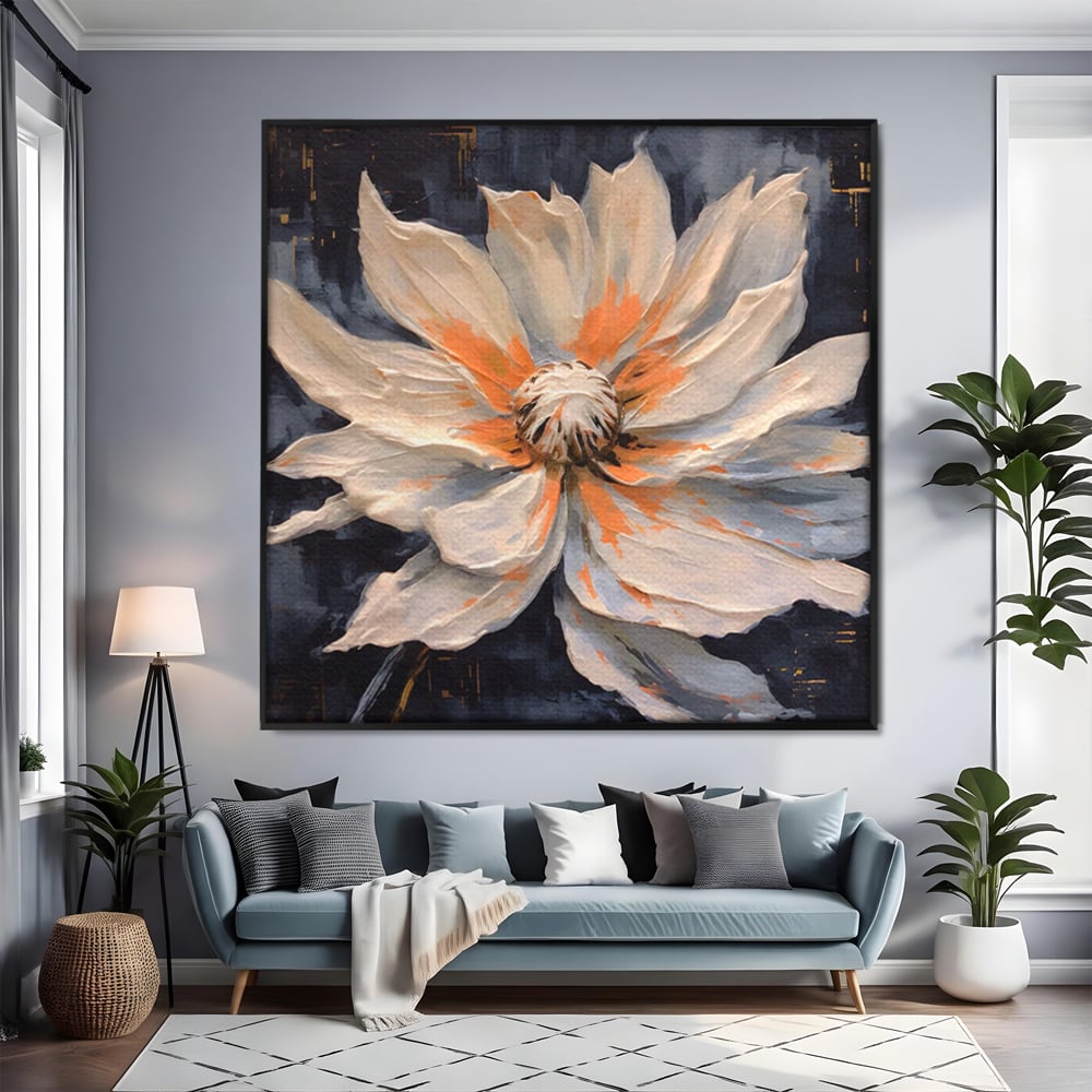 Tablou canvas cu tablou canvas cu floare texturata, in rama de aluminiu negru, pe perete intr-un living